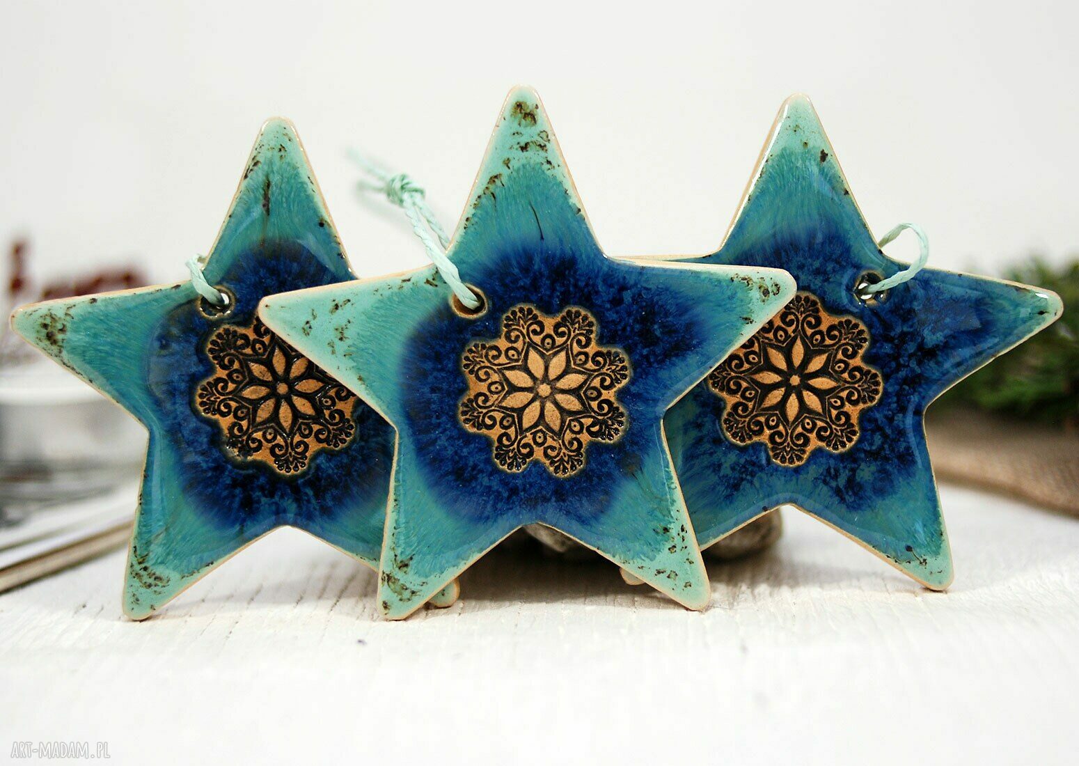 Zestaw 3 ceramicznych gwiazdek choinkowych boho (turkusowe)