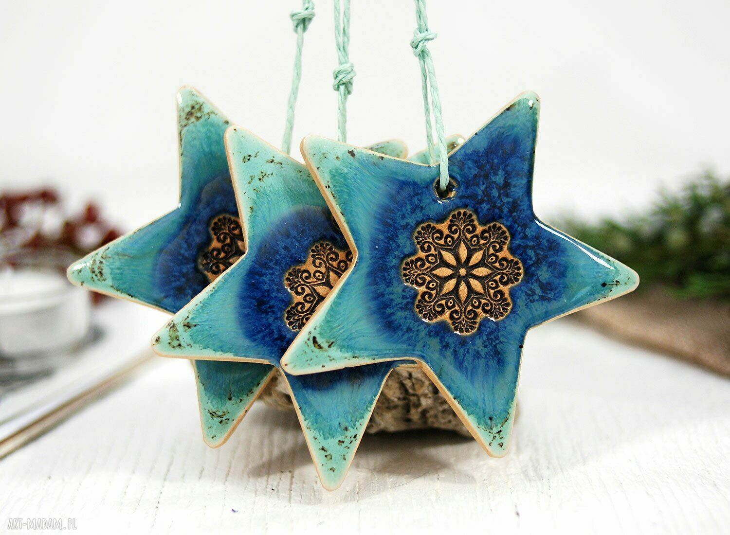 Zestaw 3 ceramicznych gwiazdek choinkowych boho (turkusowe)