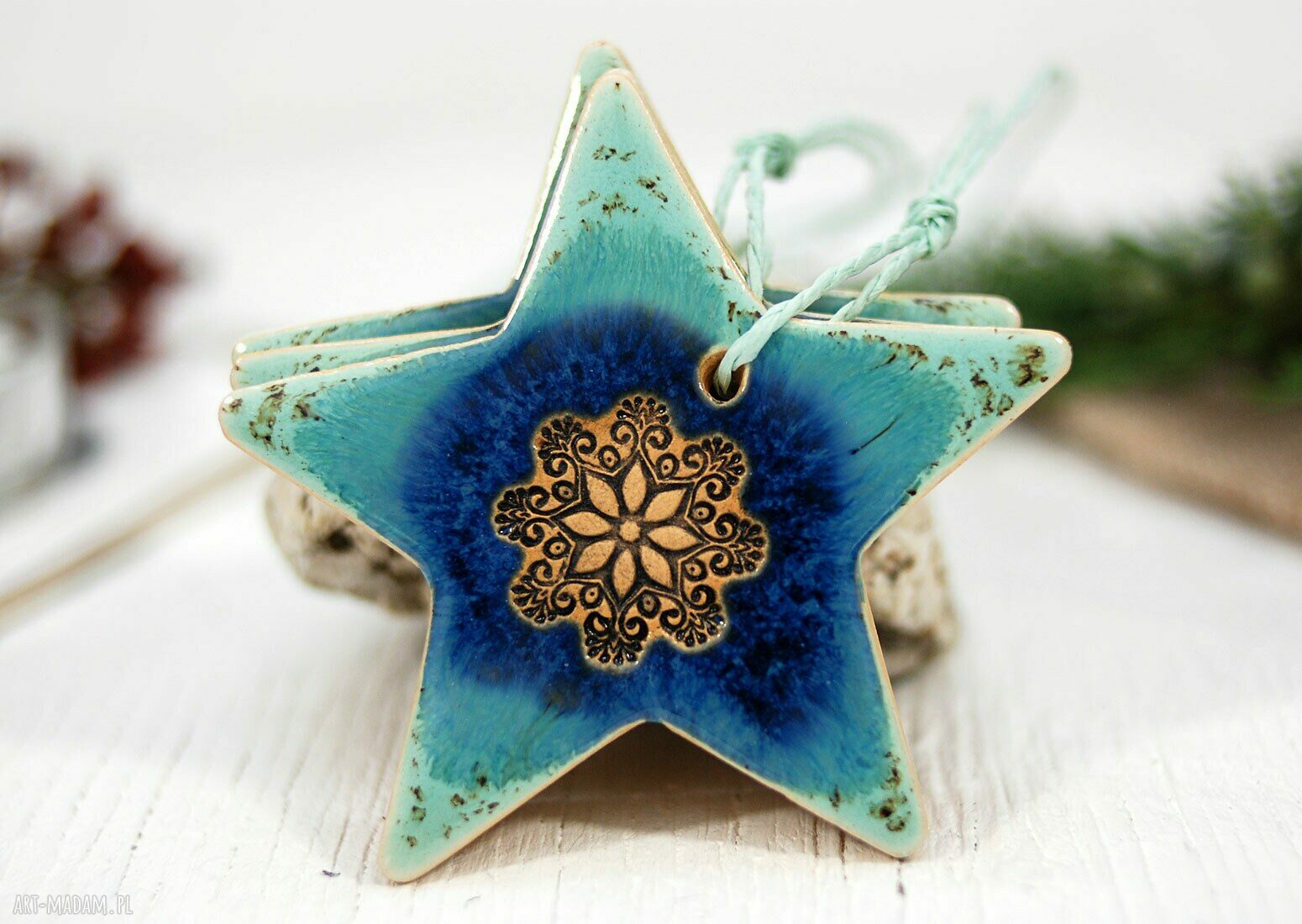 Zestaw 3 ceramicznych gwiazdek choinkowych boho (turkusowe)