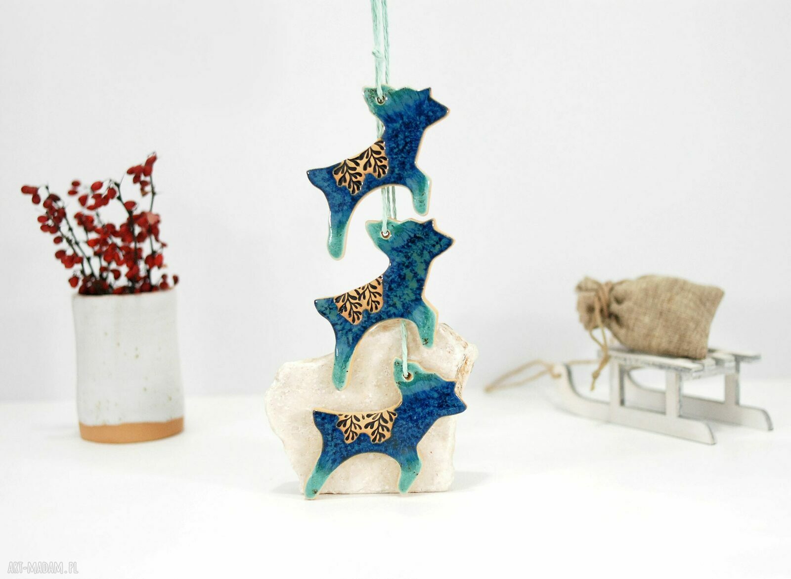 3 ceramiczne renifery choinkowe boho - turkusowe ozdoby świąteczne (zestaw 3 szt.)