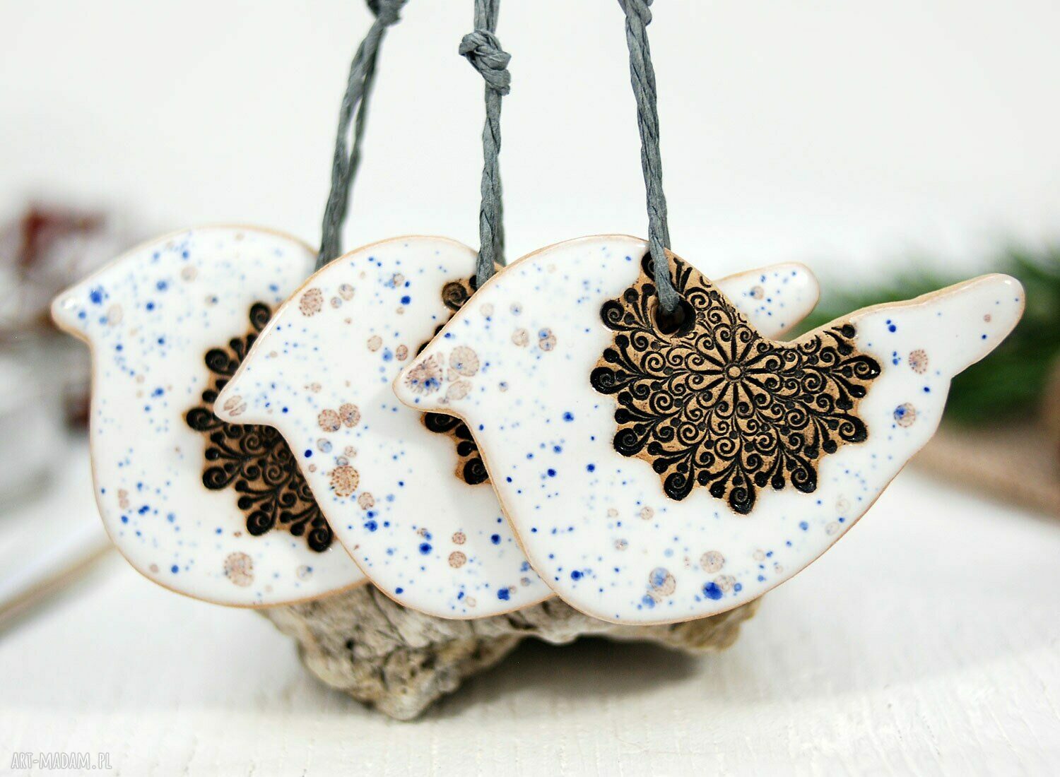 3 ceramiczne ptaszki choinkowe - śnieg, zestaw 3 sztuk