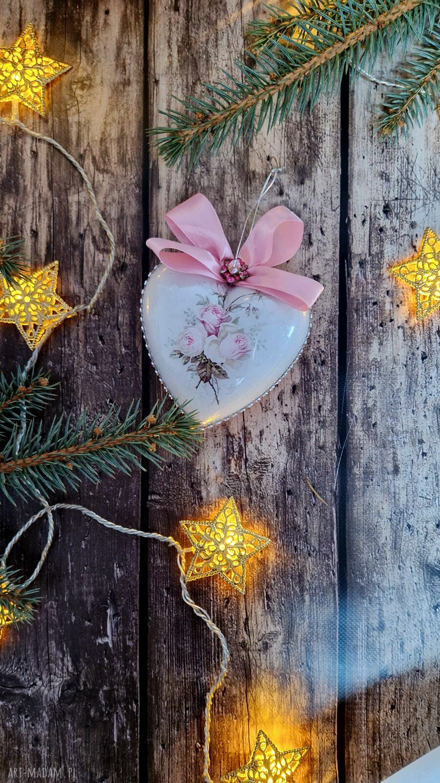 Różowe bombki serca shabby chic - zestaw 3 sztuk