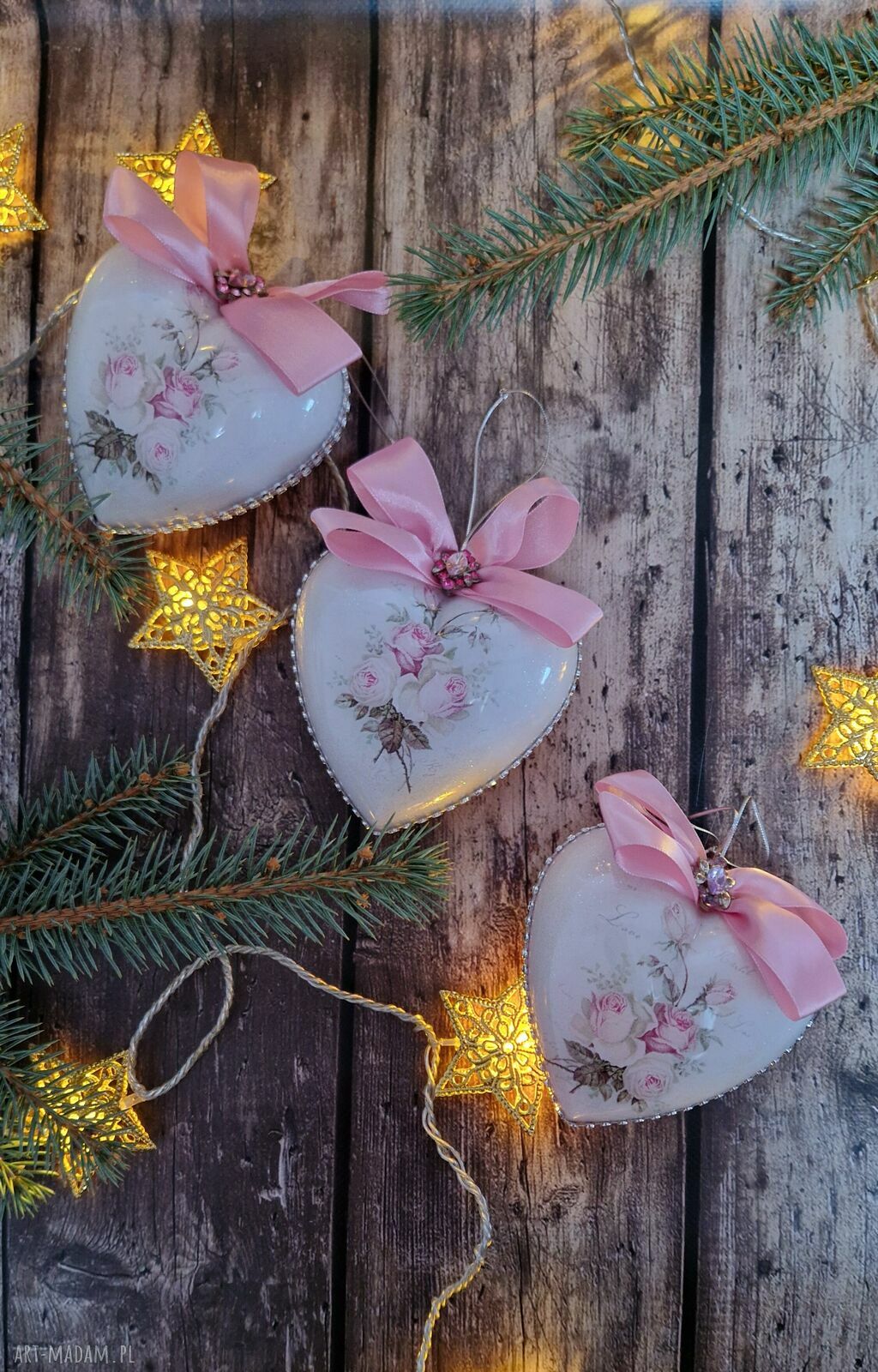 Różowe bombki serca shabby chic - zestaw 3 sztuk