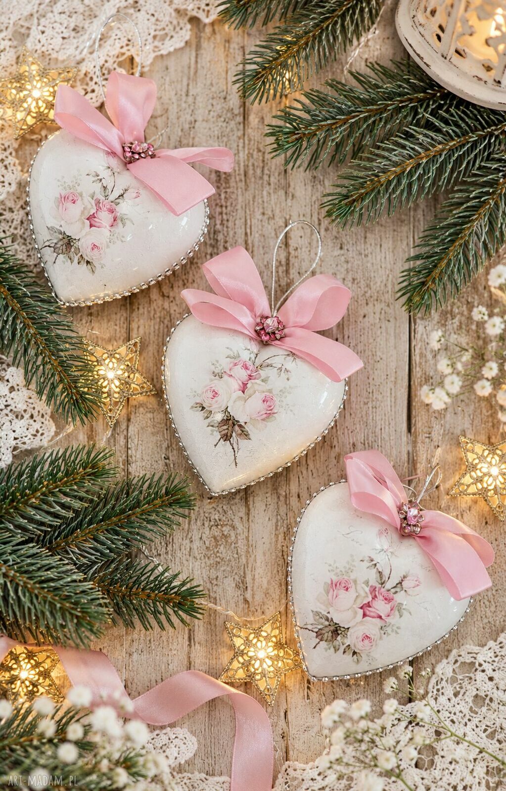 Różowe bombki serca shabby chic - zestaw 3 sztuk