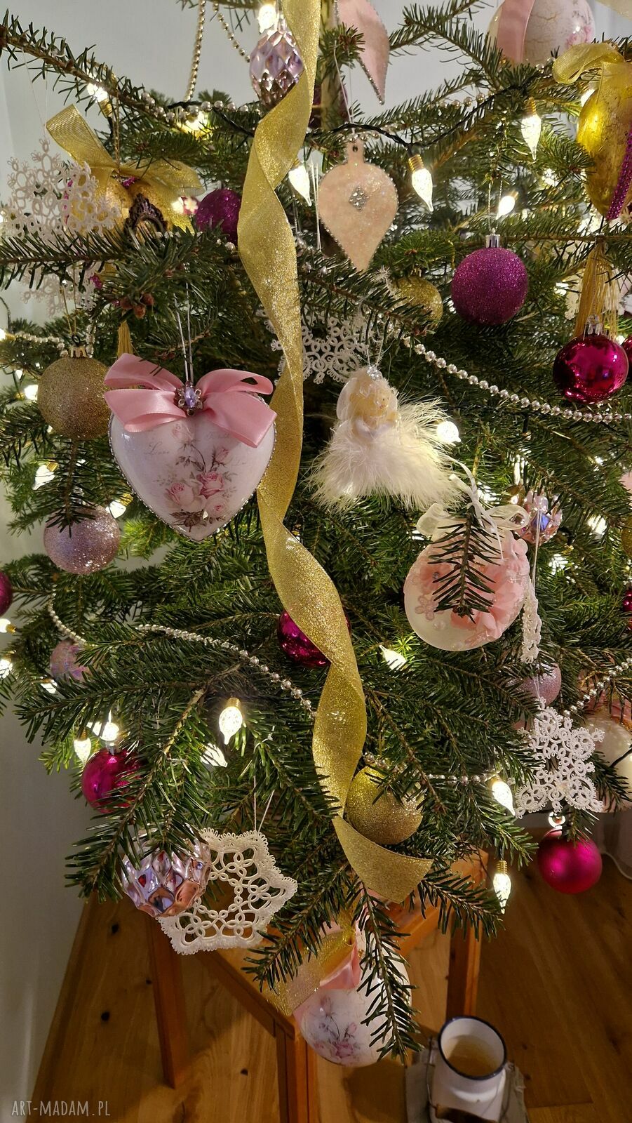 Różowe bombki serca shabby chic - zestaw 3 sztuk