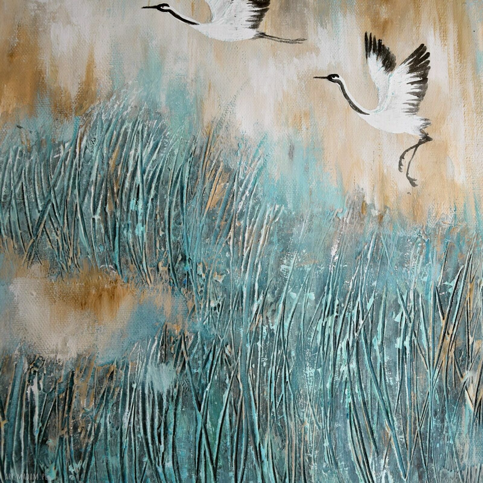 Żurawie - nowoczesny obraz ręcznie malowany 30x40 cm z akrylową fakturą