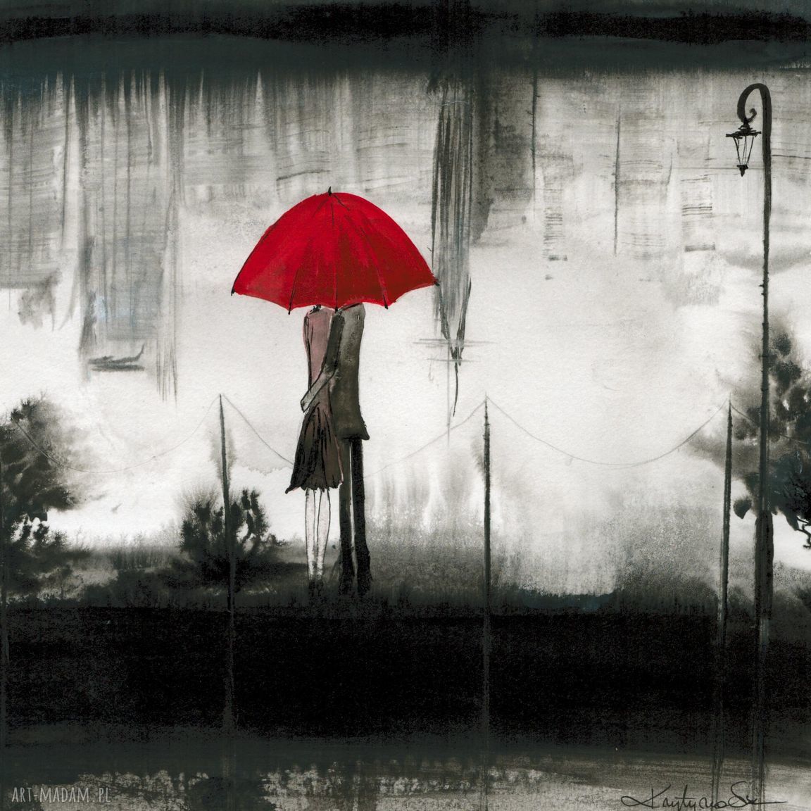 Ręcznie malowana grafika 30x40 cm Rain - elegancka czarno-biała abstrakcja tuszem