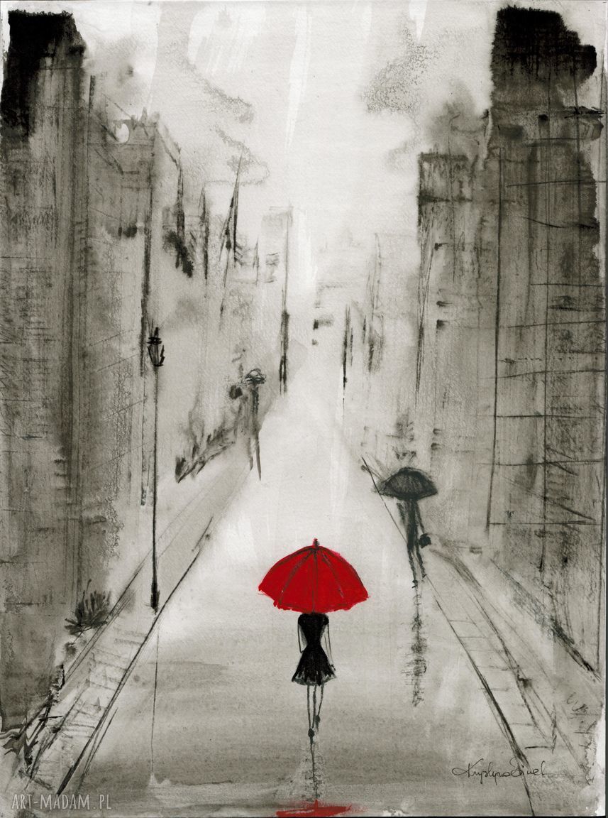Grafika 30x40 cm ręcznie malowana - abstrakcja Rain z parasolem