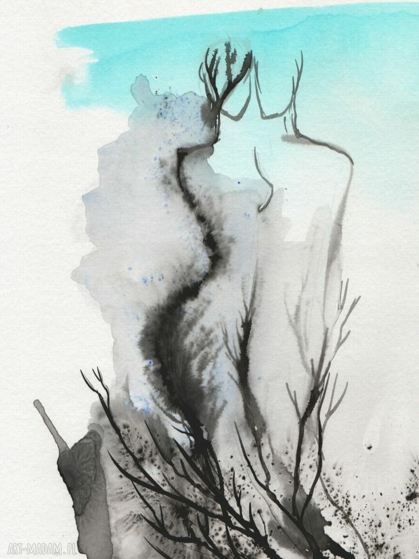 Ręcznie malowany obraz 30x40 cm - abstrakcja tuszem na papierze akwarelowym
