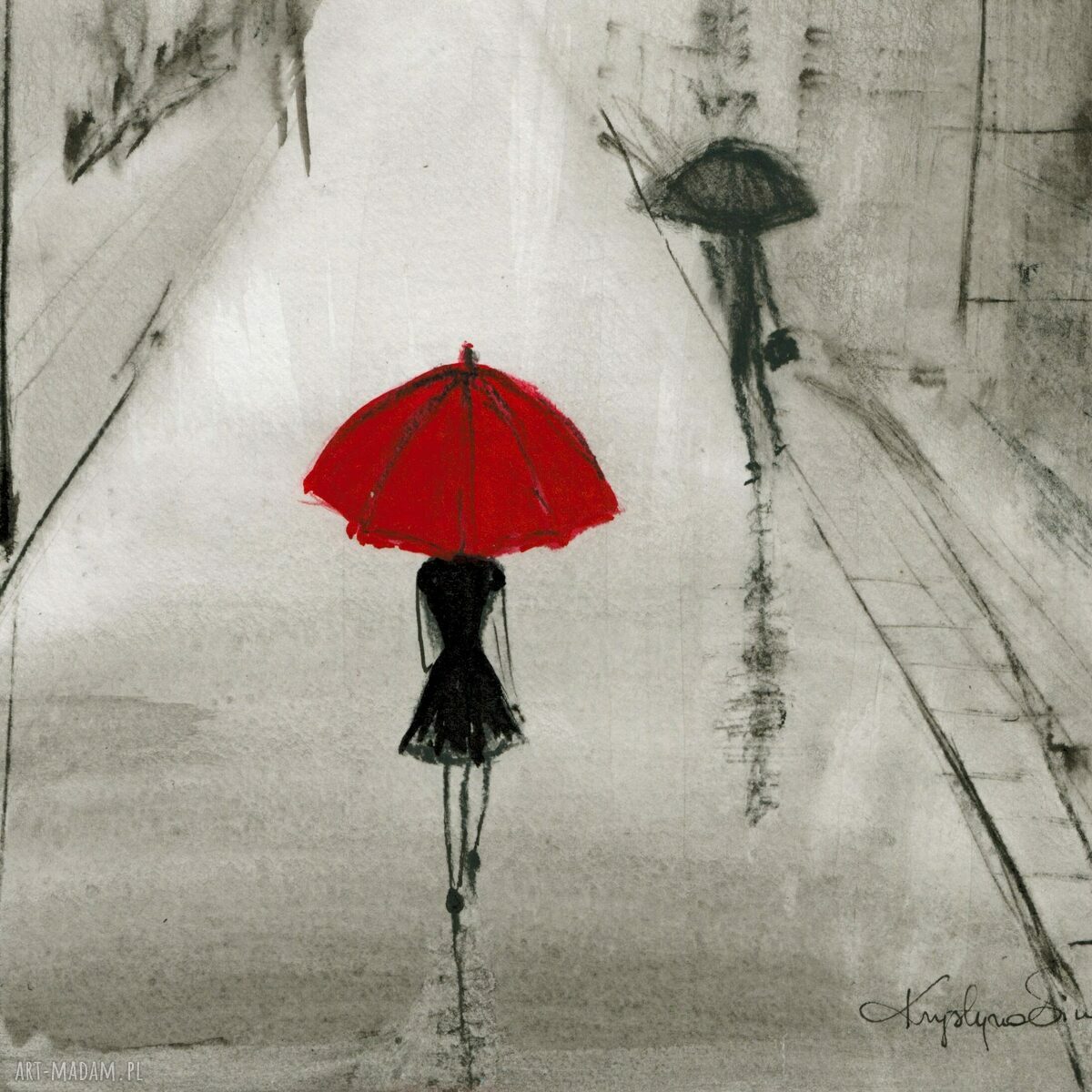 Grafika 30x40 cm ręcznie malowana - abstrakcja Rain z parasolem