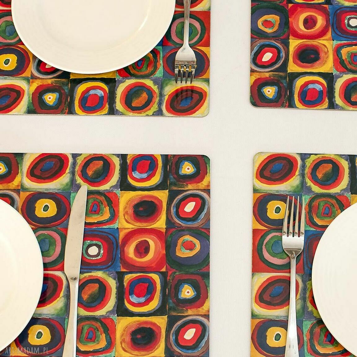 4 kolorowe podkładki korkowe Kandinsky - kwadraty i koła, zestaw 4 sztuk