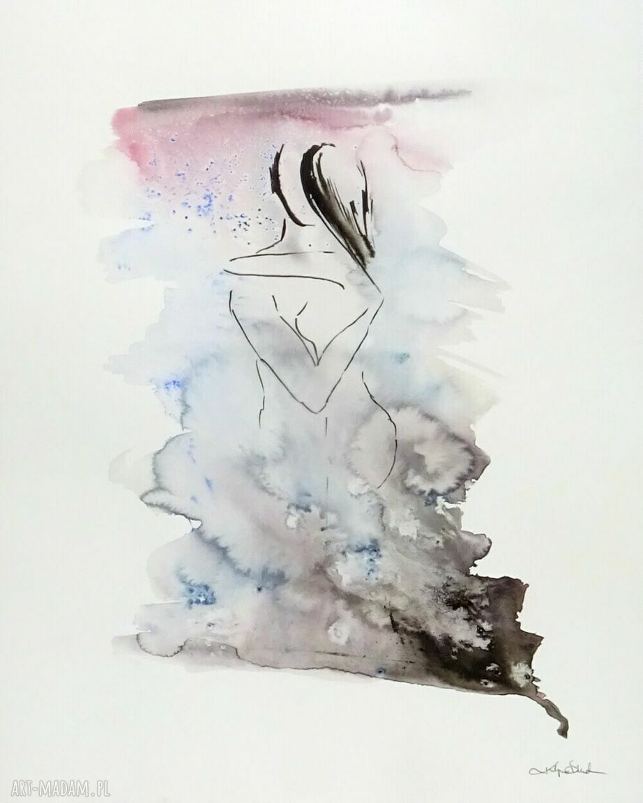 Grafika 40x50 cm malowana ręcznie tuszem - abstrakcja do salonu