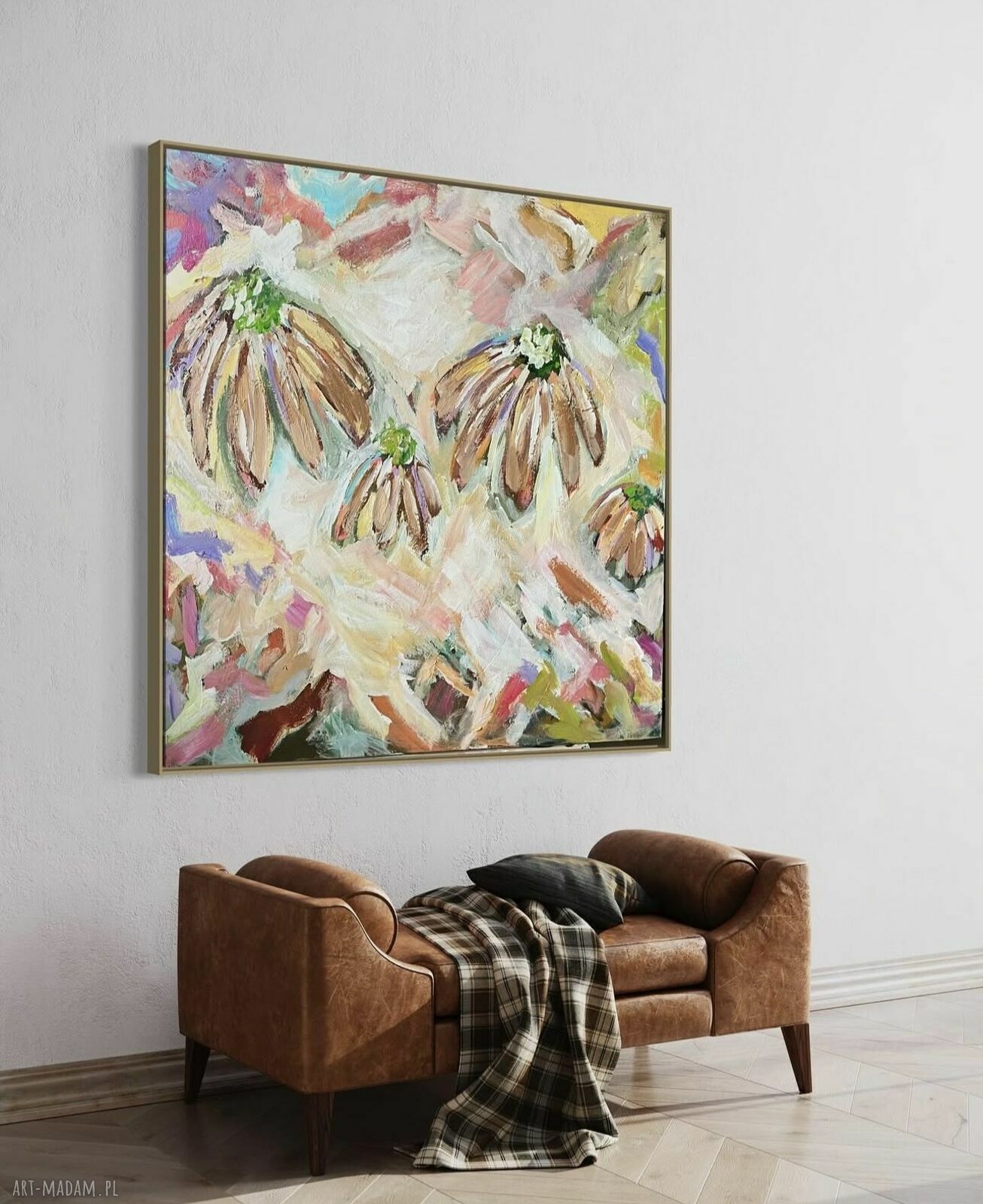 Abstrakcja 80x80 cm z kolorowymi kwiatami - nowoczesny obraz Ferens