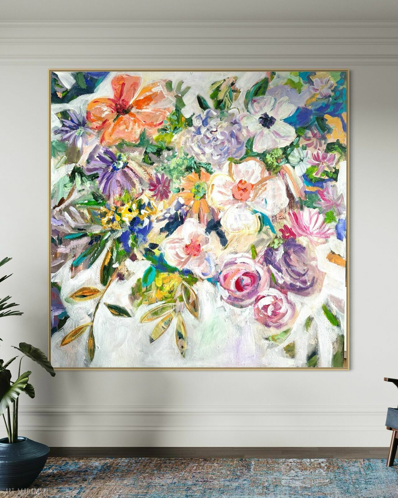 Abstrakcja 80x80 cm - bukiet kolorowych kwiatów w nowoczesnym stylu
