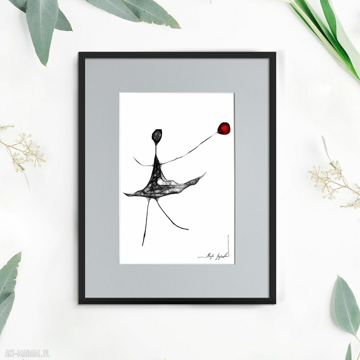 Grafika 85 - Czerwony balonik - czarno-biała dekoracja na ścianę 31x22 cm