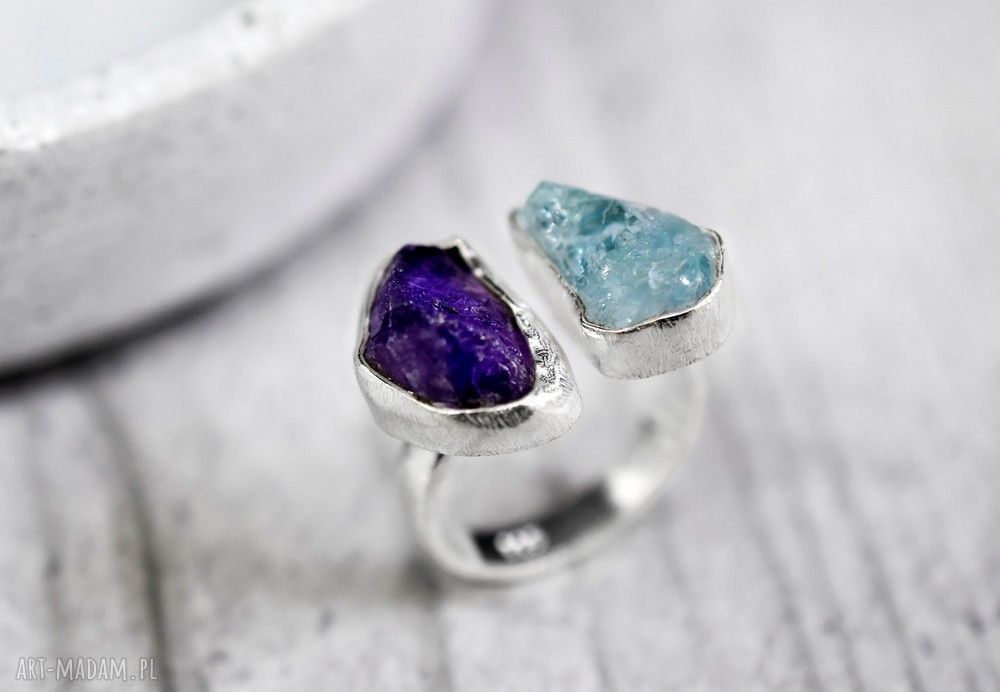 925 srebrny pierścionek ametyst& akwamaryn kamienie minerały ametyst srebro prawdziwa