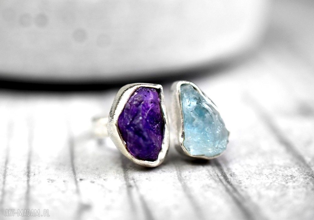 pierścionki: 925 Srebrny pierścionek Ametyst& Akwamaryn ręcznie zrobione