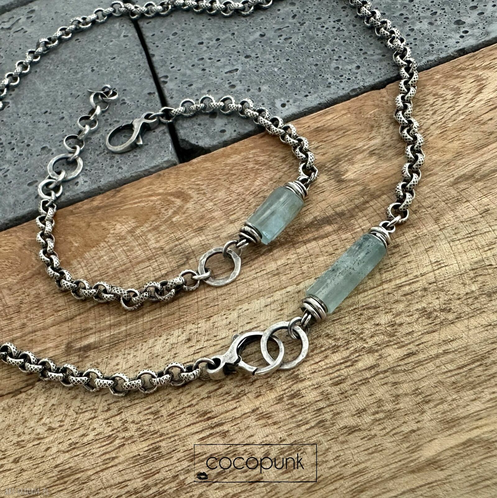 Komplet srebro 925 i akwamaryn naszyjnik z bransoletką Cocopunk (handmade)