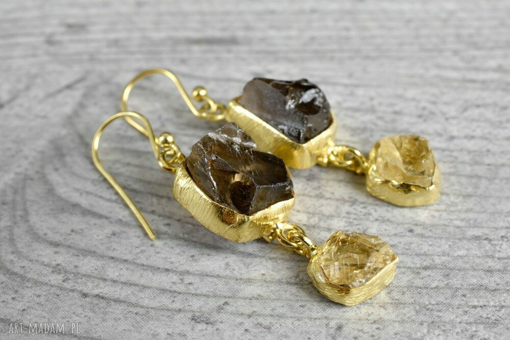 kolczyki: 925/18k Pozłacane kolczyki Kwarc dymny& Cytryn autorskie
