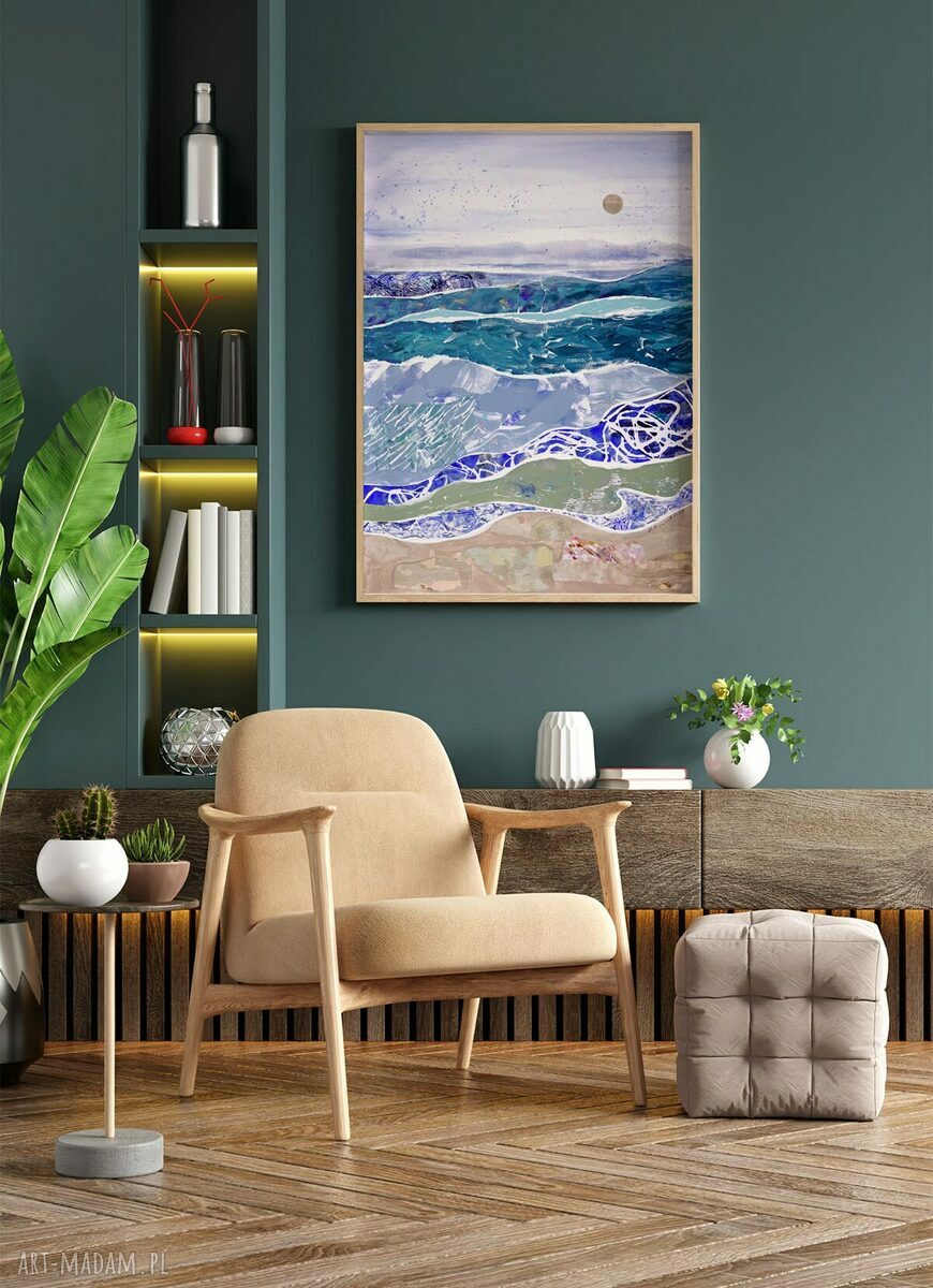 Plakat A2 - Pejzaż morski z falami (grafika w odcieniach turkusu i niebieskiego)