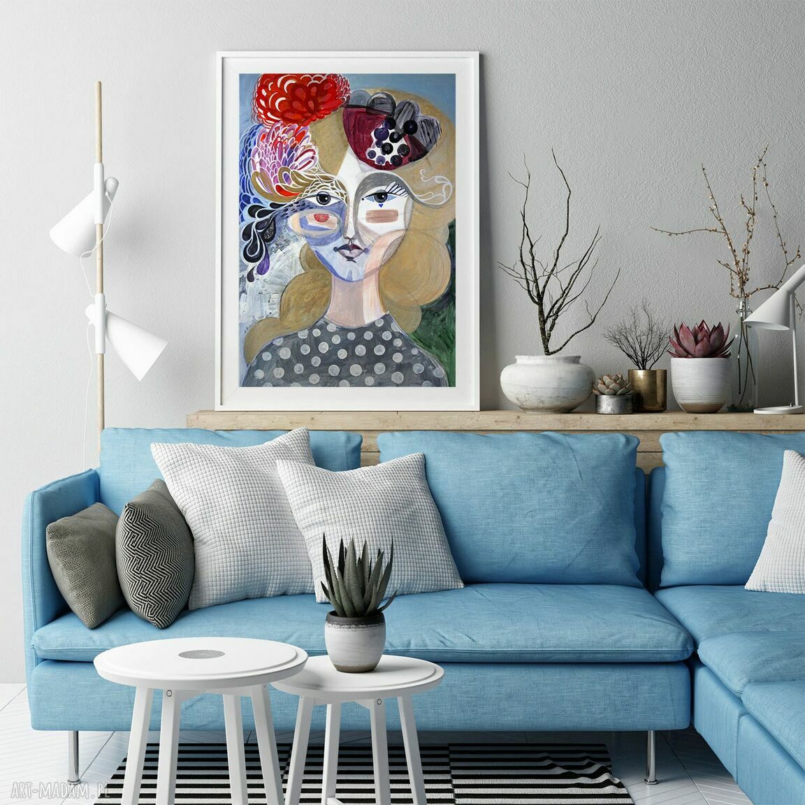 Plakat A3 Fascynator - portret kobiety w turkusie i beżu