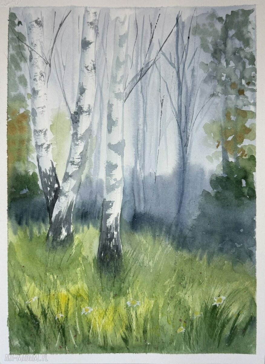 Akwarela A4 Brzozowy Lasek - pejzaż drzew (A4 19,5 x 27 cm)