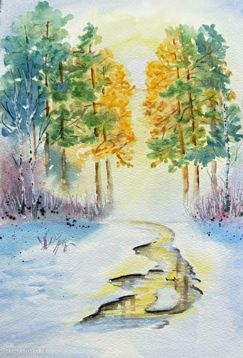 Akwarela A4 „Zima w lesie” - śnieg, choinki i delikatne zimowe nastroje