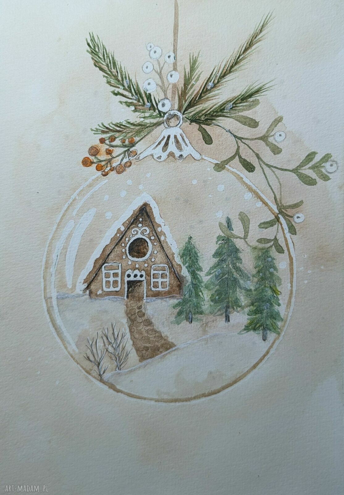 Akwarela A5. Zima - oryginalna dekoracja świąteczna handmade