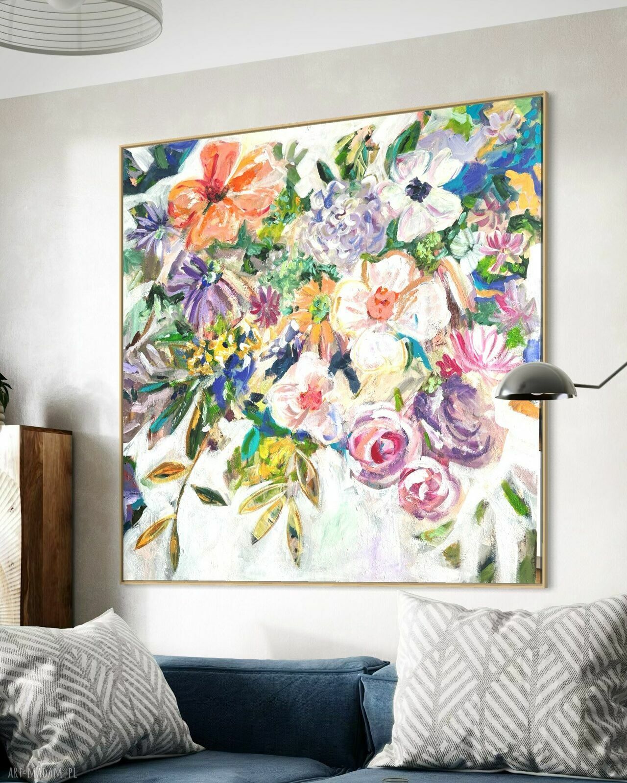 Abstrakcja 80x80 cm - bukiet kolorowych kwiatów w nowoczesnym stylu