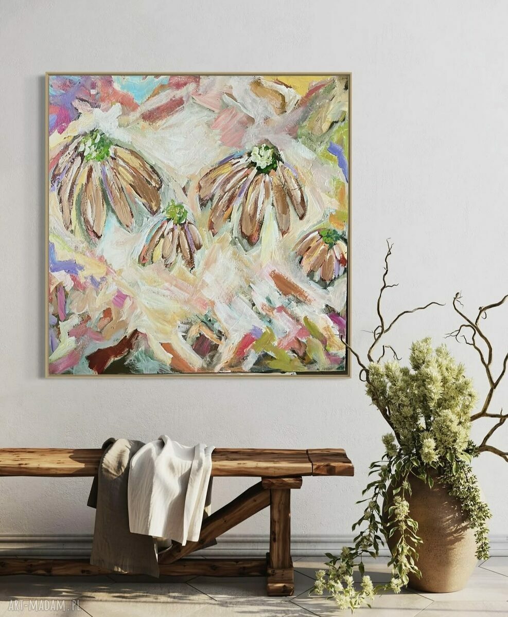 Abstrakcja 80x80 cm z kolorowymi kwiatami - nowoczesny obraz Ferens
