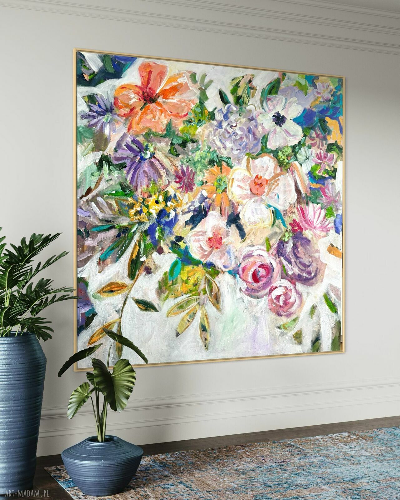 Abstrakcja 80x80 cm - bukiet kolorowych kwiatów w nowoczesnym stylu
