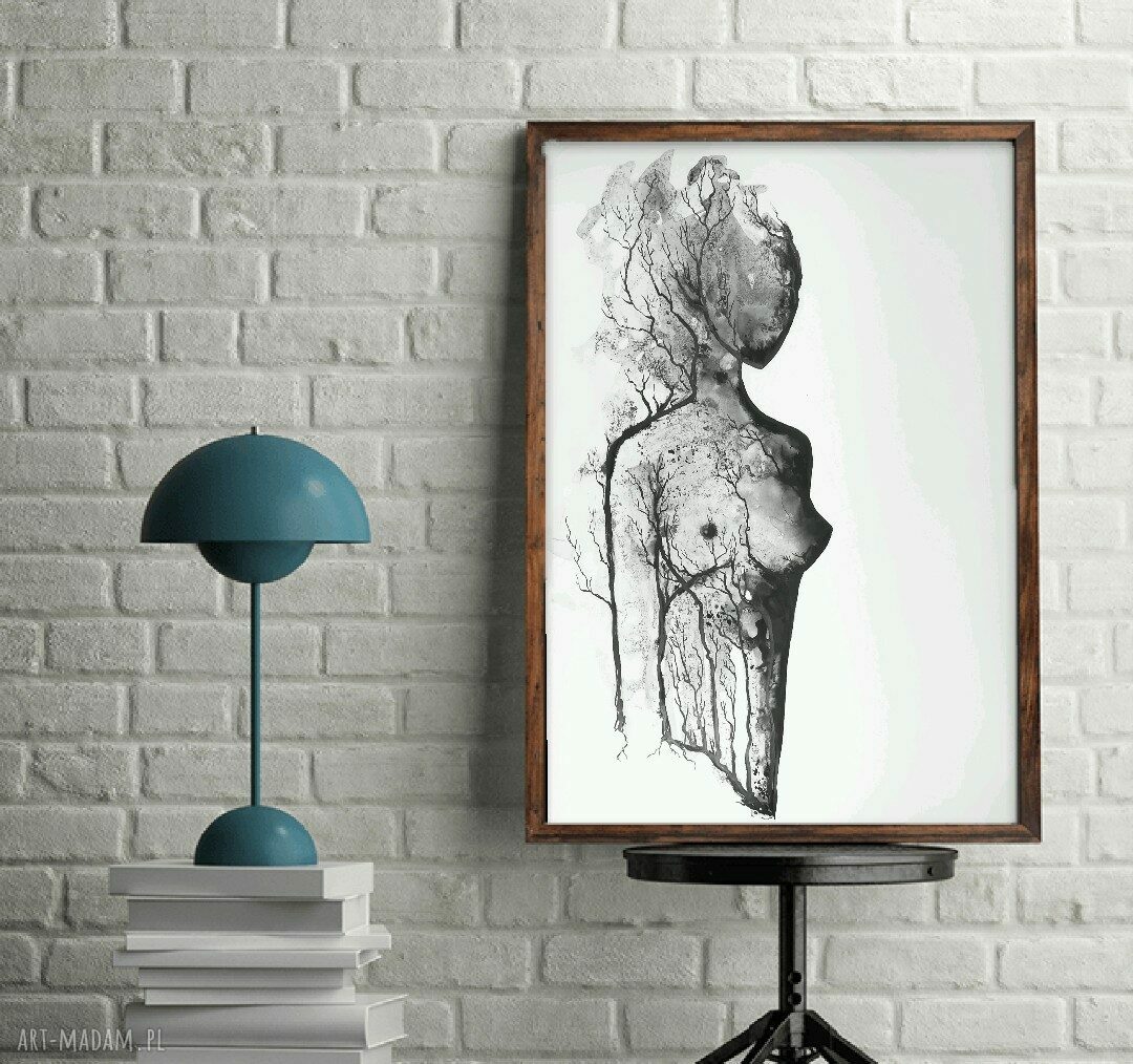 Obraz malowany akt kobieta 50x70 - czarno-biała grafika skandynawska