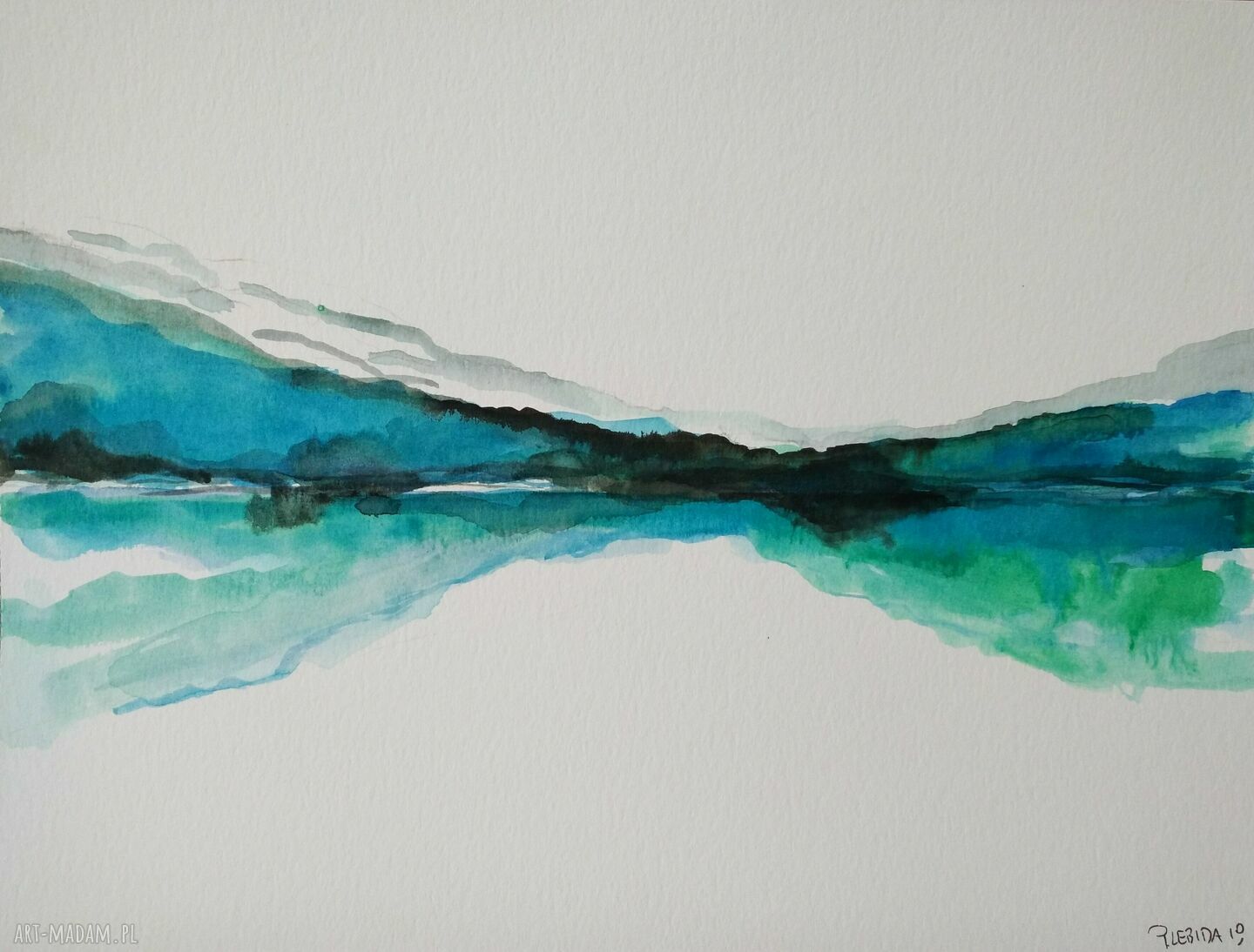 Abstrakcja - akwarela 28,2 x 21 cm w turkusowo-zielonej tonacji