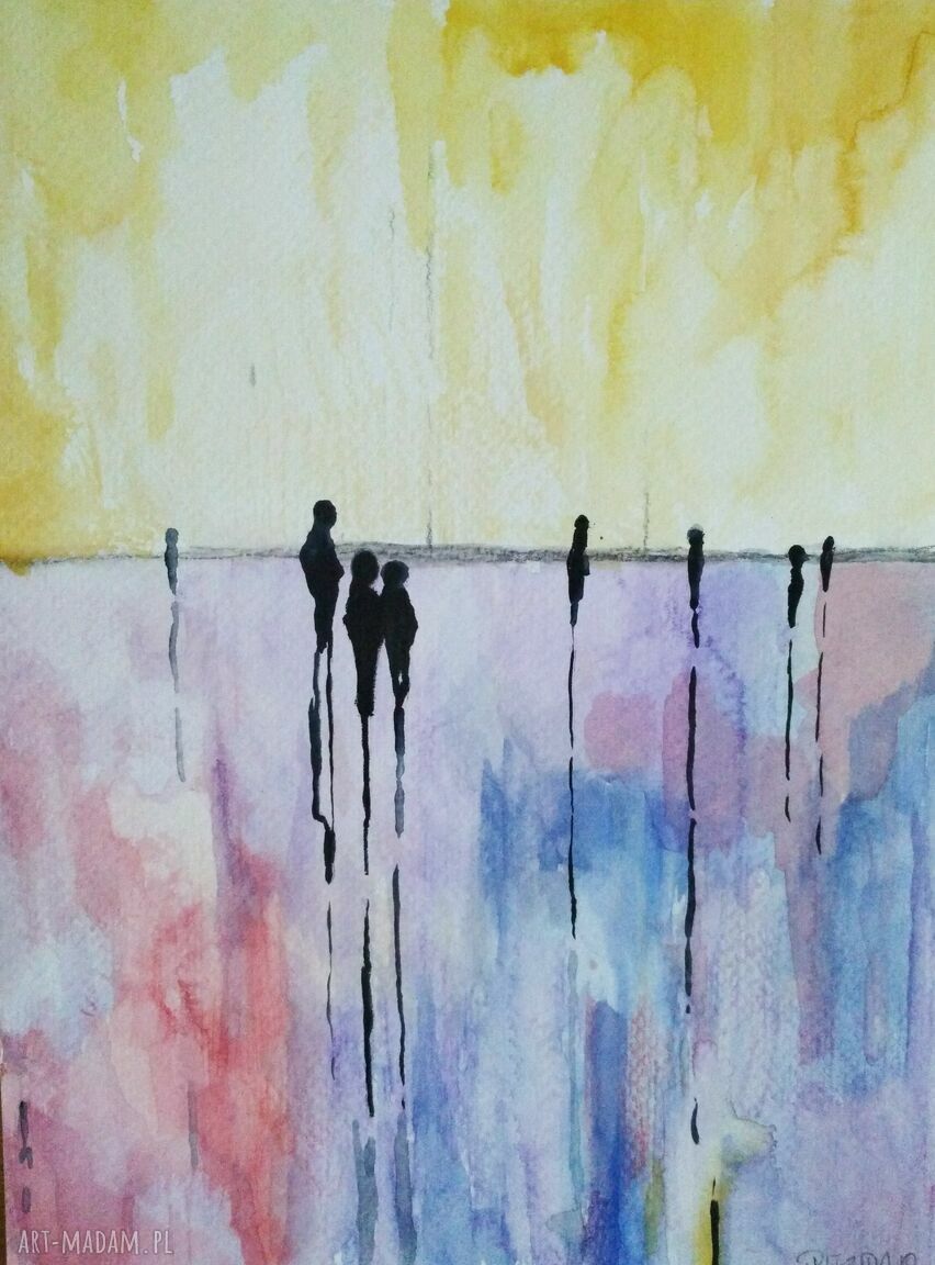 Abstrakcja akwarela 18x24 cm - obraz ręcznie robiony z kredkami