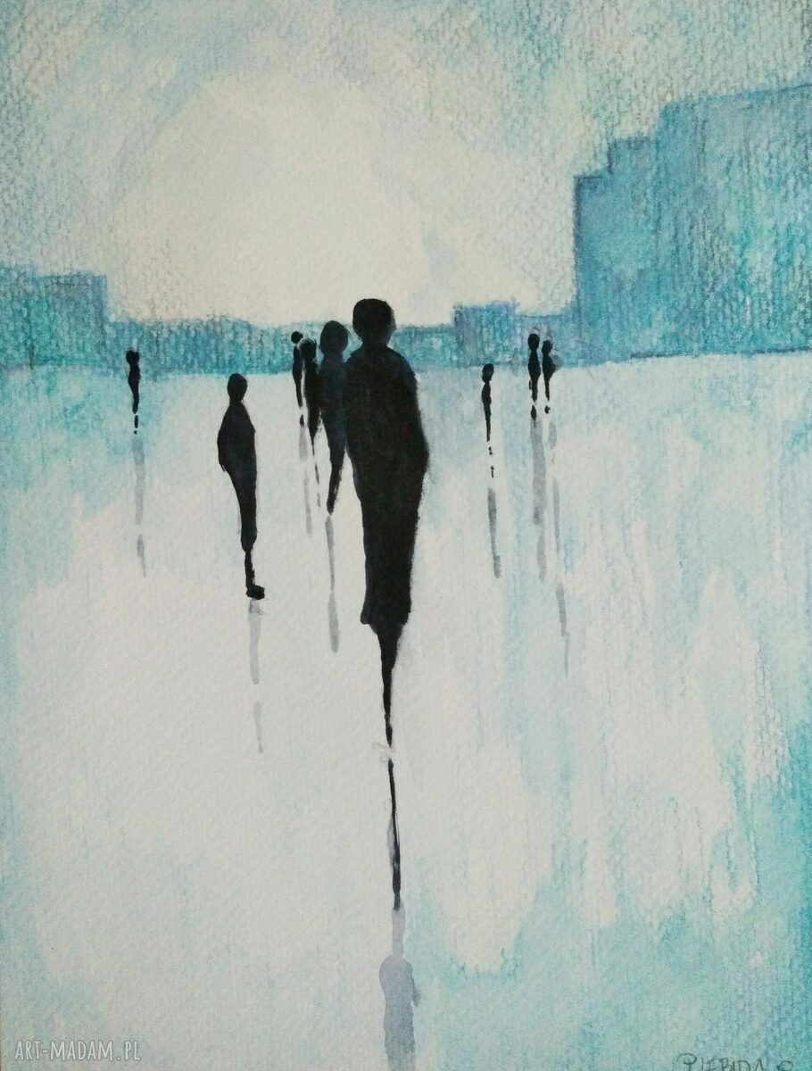 Abstrakcyjna akwarela 18x24 cm w turkusie, czerni i szarościach
