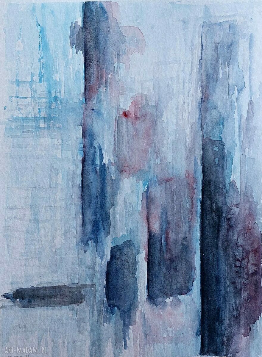 Abstrakcyjna akwarela 24x32 cm Paulina Lebida w tonach niebieskiego, szarości i fioletu