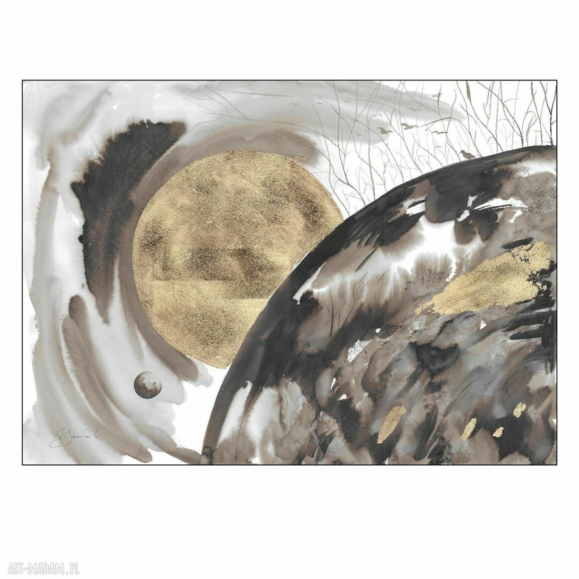 Abstrakcja 'Fenomenarium' - grafika ręcznie malowana i złocona 70 x 50 cm