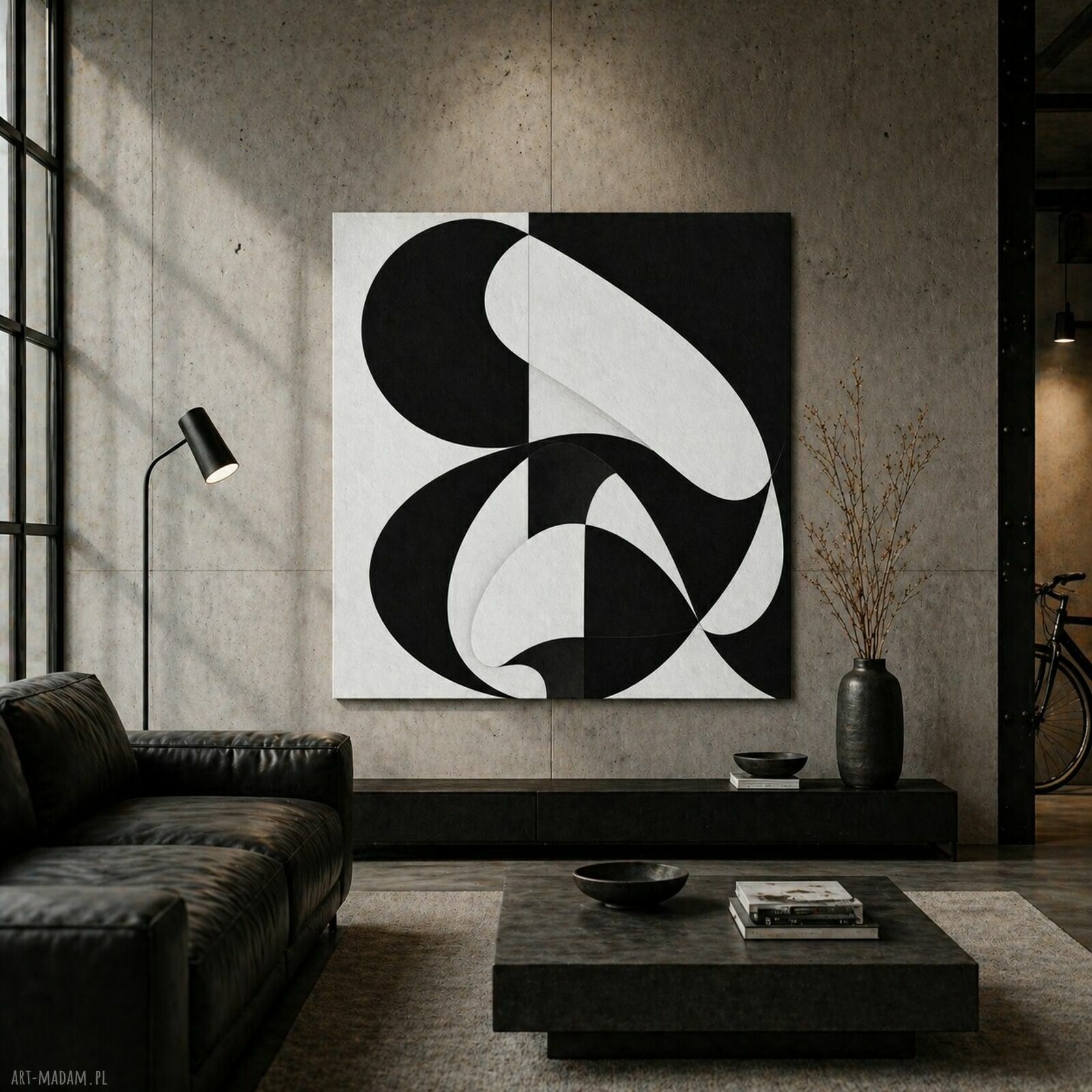 Abstrakcja geometryczna czarno-biała - ręcznie malowany obraz 120x120 cm do nowoczesnych wnętrz