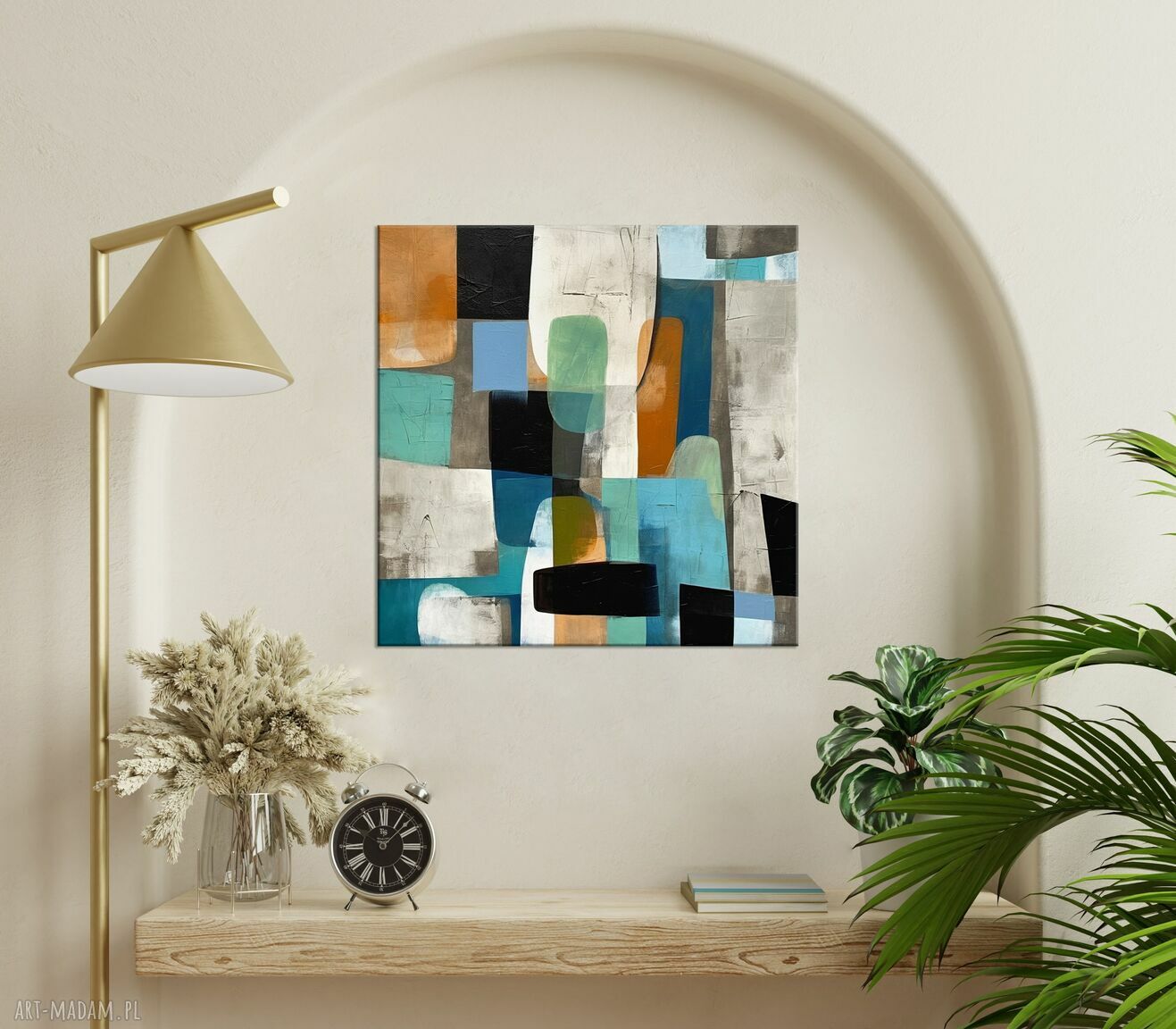 Minimalistyczny plakat geometryczny 50x50 cm - wydruk giclee w turkusie i beżu
