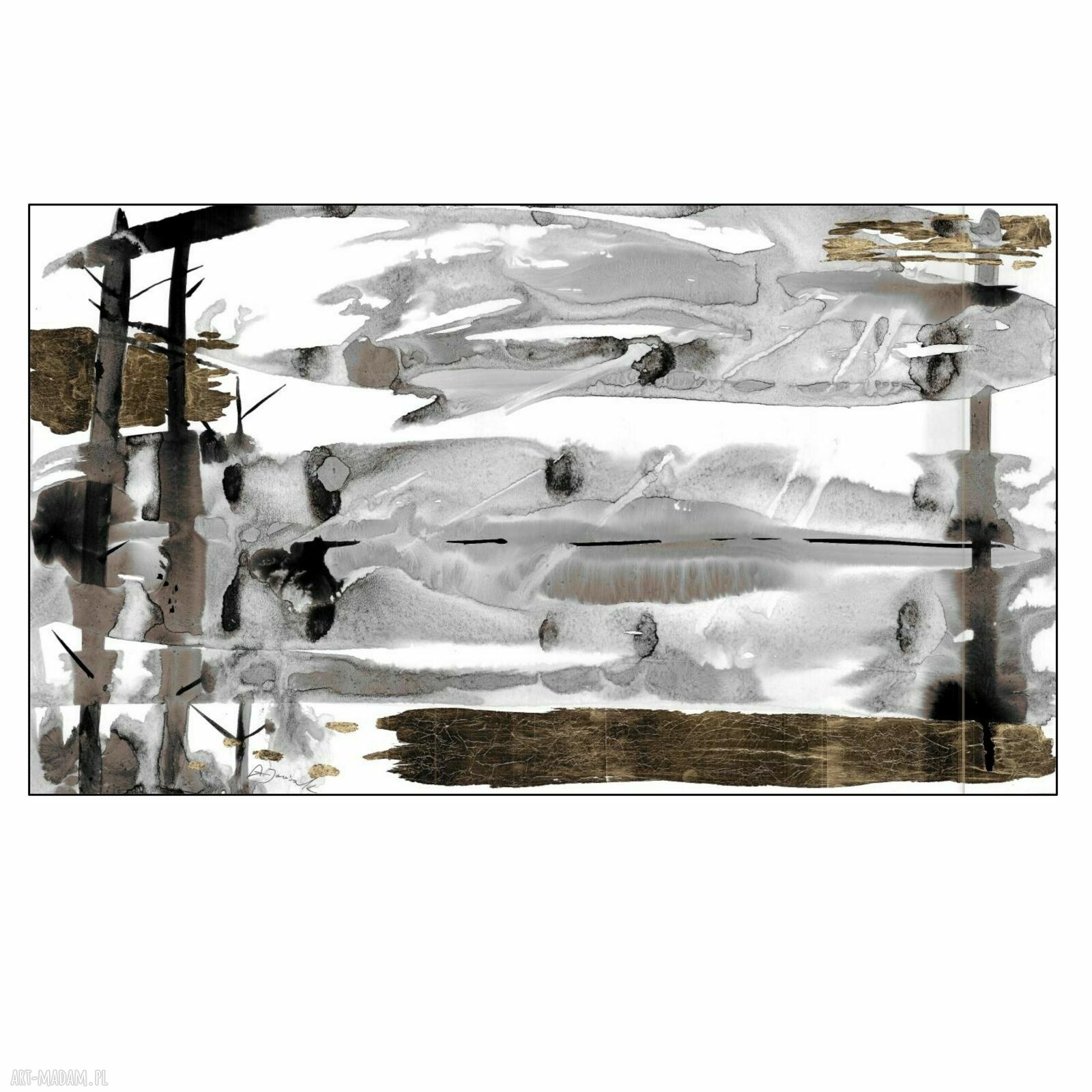 Złocona grafika abstrakcja inspirowana pejzażem 70 x 40 cm - czarny tusz i metaliczne złoto