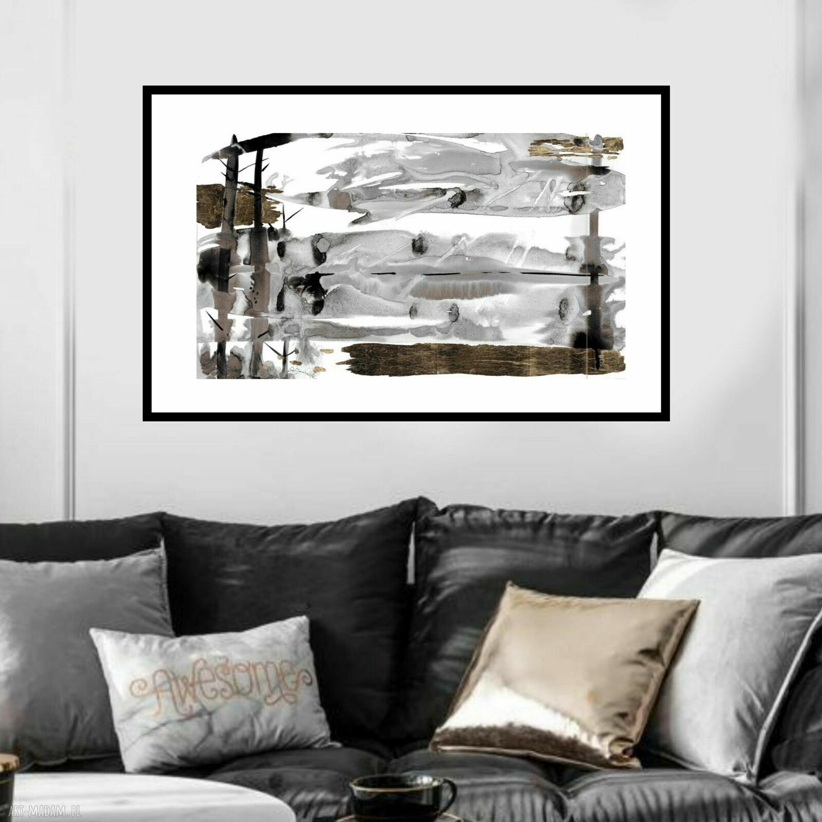 Złocona grafika abstrakcja inspirowana pejzażem 70 x 40 cm - czarny tusz i metaliczne złoto