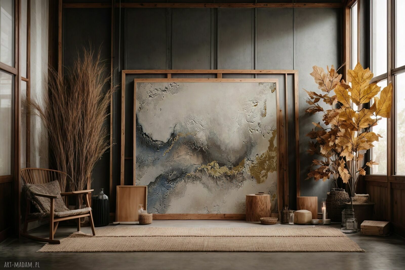 Abstrakcja LIGHT - ręcznie malowany obraz akrylowy 70x100 cm ze złotą linią