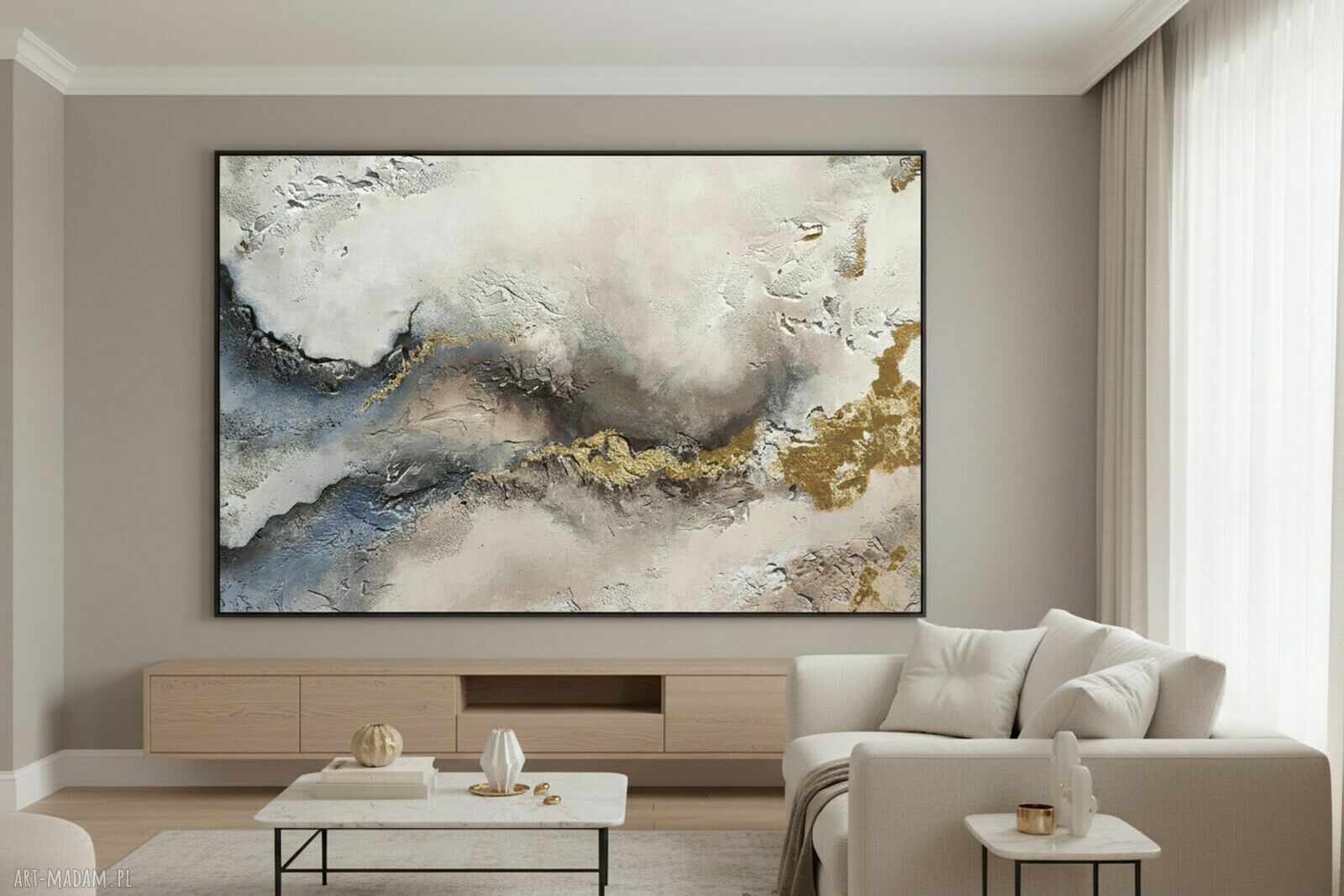 Abstrakcja LIGHT - ręcznie malowany obraz akrylowy 70x100 cm ze złotą linią