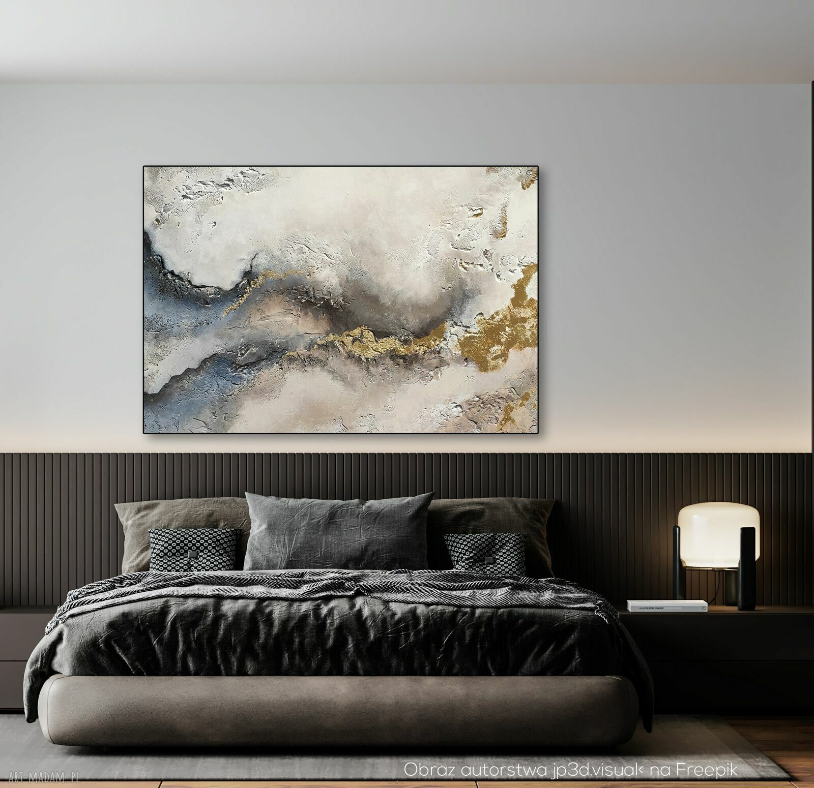 Abstrakcja LIGHT - ręcznie malowany obraz akrylowy 70x100 cm ze złotą linią