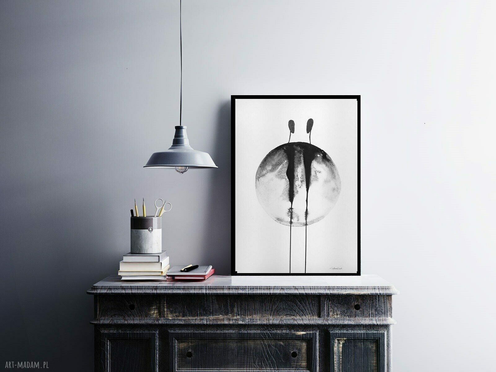 Abstrakcja minimalizm: obraz malowany tuszem 30x42 cm (pod 30x40)