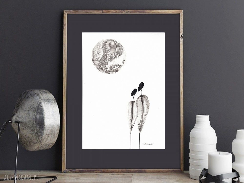Minimalistyczna abstrakcja czarno-biała - obraz malowany czarnym tuszem 21x30
