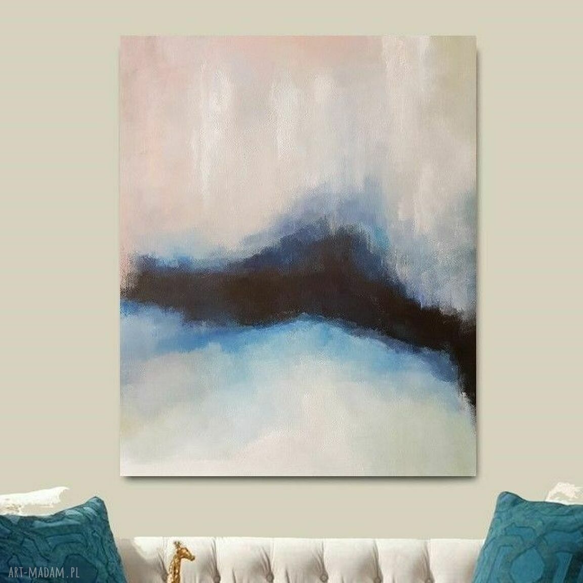 Abstrakcyjny obraz akrylowy 80x100 cm - sygnowana praca w niebiesko-czarno-białej kolorystyce