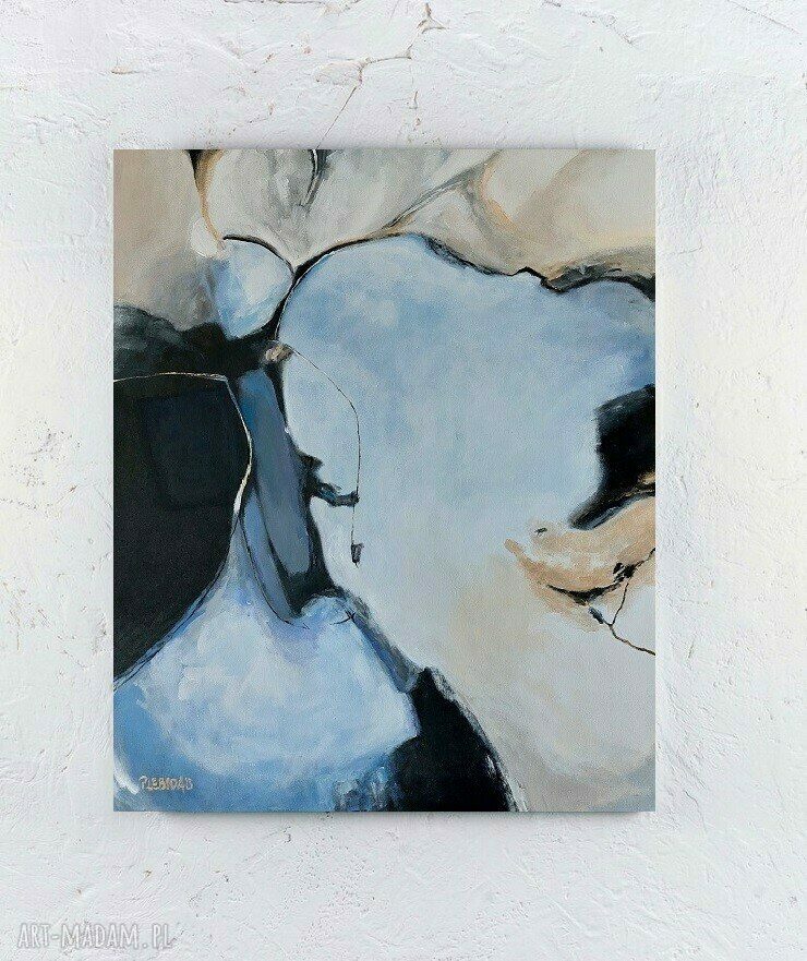 Abstrakcyjny obraz akrylowy 60x50 cm - złote, niebieskie i szare akcenty