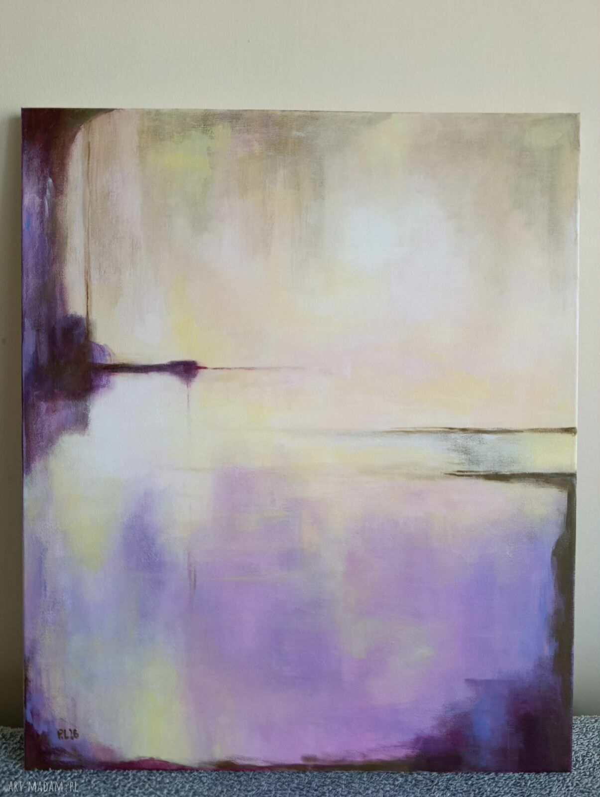 Abstrakcyjny obraz akrylowy 60 x 50 cm - żółto-fioletowy, gotowy do powieszenia