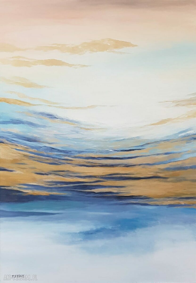 Nowoczesna abstrakcja - obraz akrylowy 100 x 70 cm w złocie, niebieskim i bieli